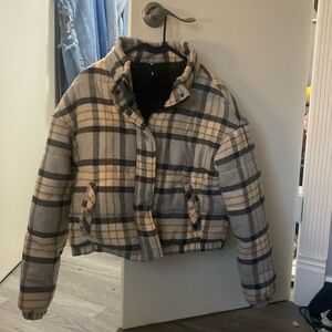 cropped plaid puffer coat